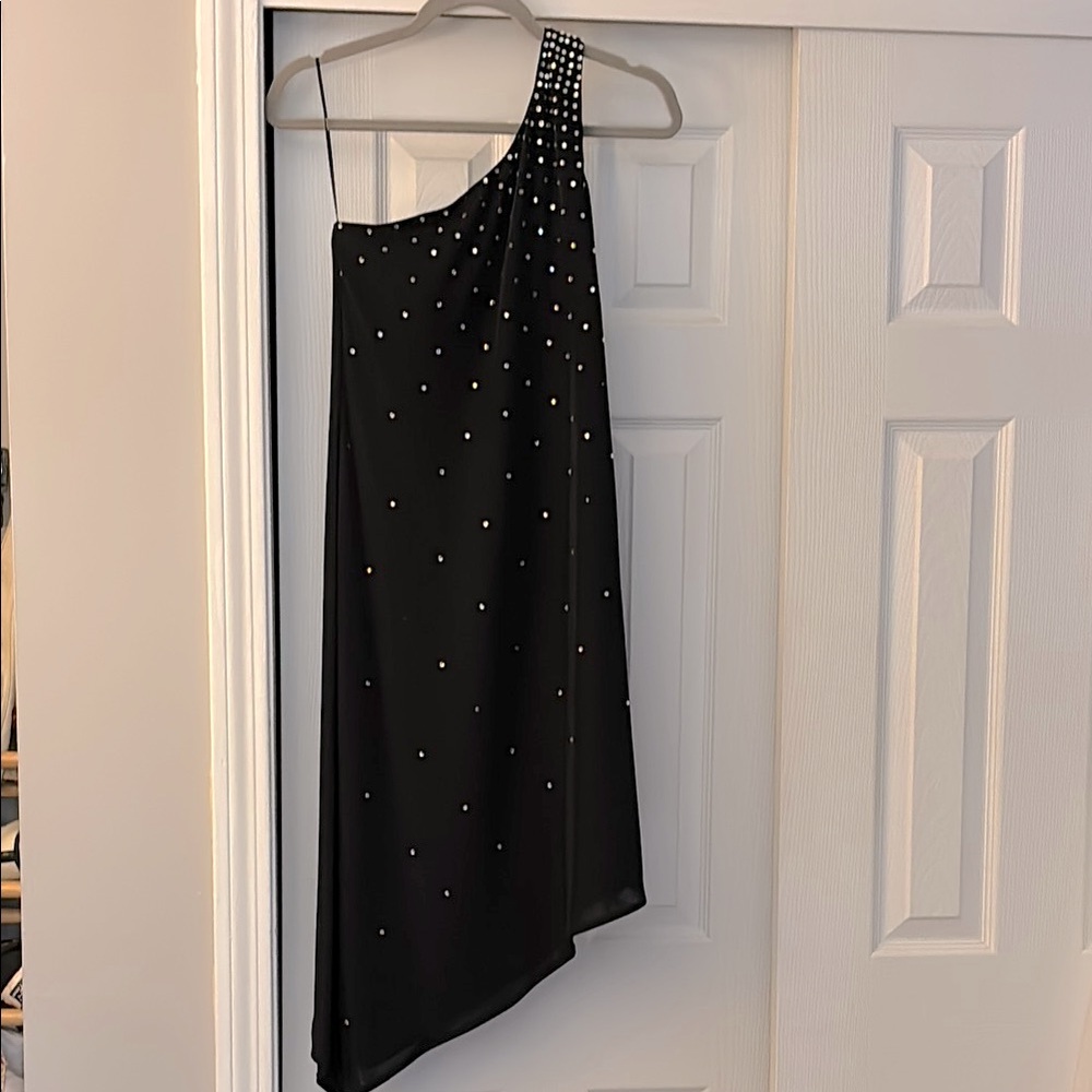Vintage Cache Elegant Black One-Shoulder Dress adorned with clear rhinestones!
